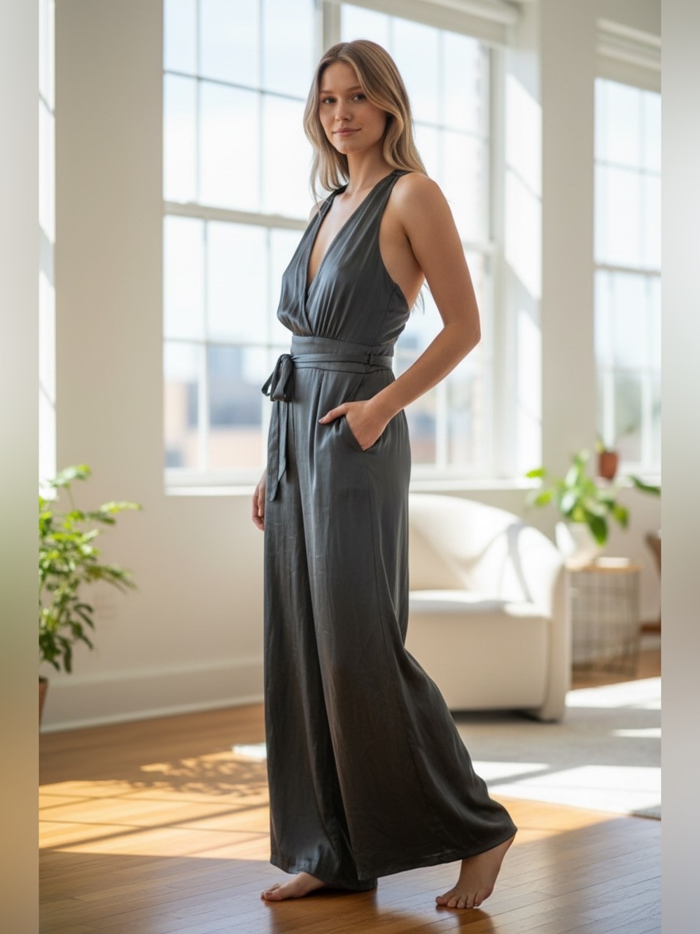 Love Bonito charcoal plunging neckline wide leg jumpsuit NWT Small